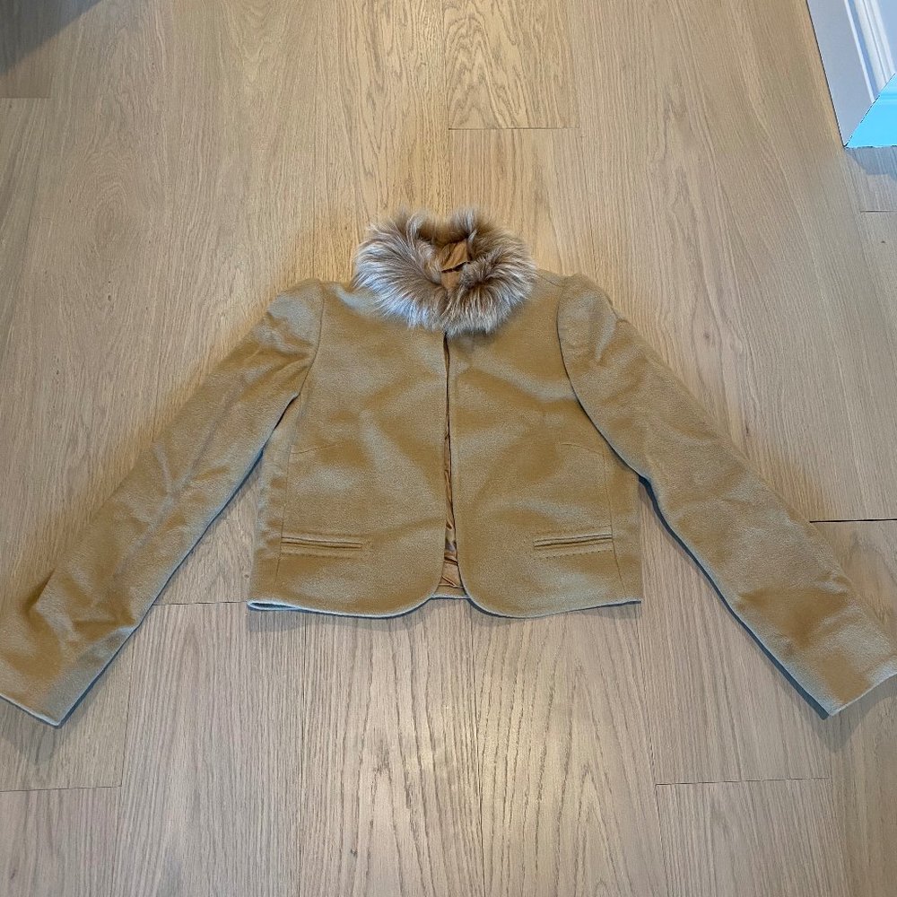 Jigsaw Sheepskin Fur Collar Wool Cropped Jacket
